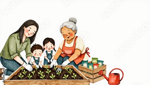Three generations of women planting seedlings in garden together with copy space