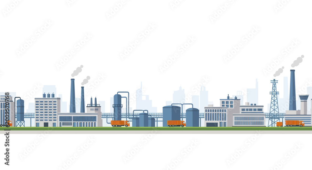 Fototapeta premium Modern Industrial Factory Complex with Smokestacks and Buildings.