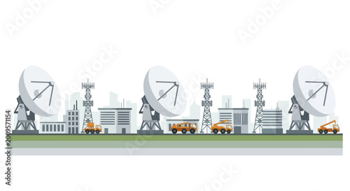 Satellite dishes and communication towers in a modern industrial complex.