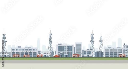 Urban Cityscape with Communication Towers and Modern Buildings.
