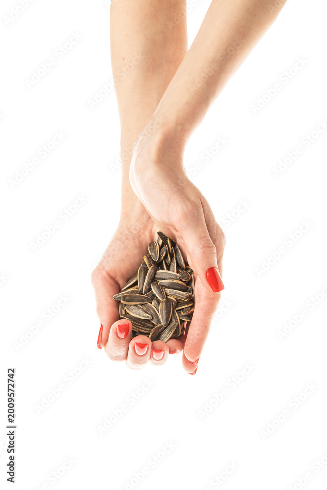 Fototapeta premium Female hand sunflower seeds on a white background isolation