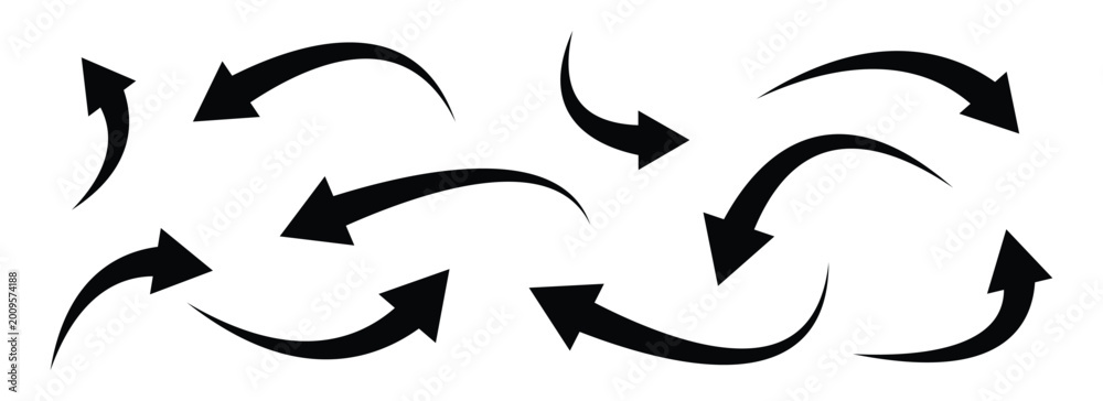 Fototapeta premium Collection of black curved arrows pointing in different directions on a clean white background from a straightforward viewpoint showcasing various arrow styles. Vector illustration. Eps10 