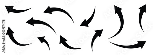 Collection of black curved arrows pointing in different directions on a clean white background from a straightforward viewpoint showcasing various arrow styles. Vector illustration. Eps10

