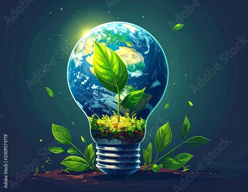 Light bulb illustration with Earth inside and green leaf symbolizing sustainability for Earth Hour event on dark background
