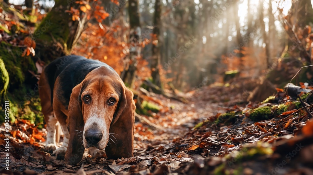 Obraz premium Curious Dog Exploring a Sunlit Forest