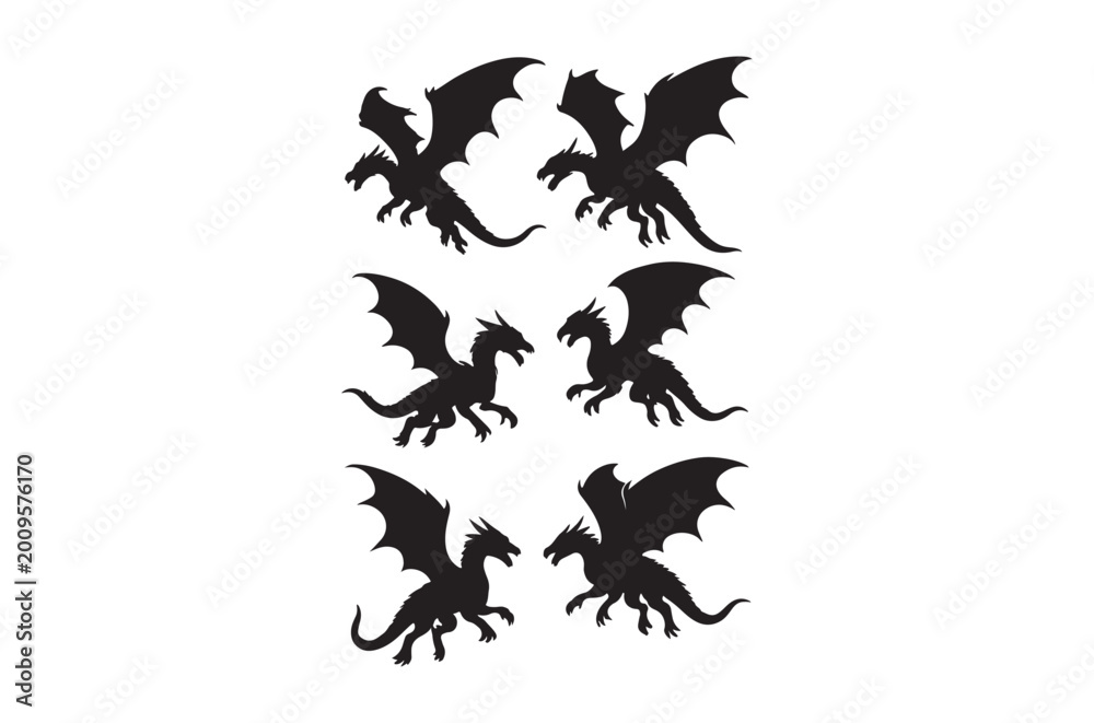 Fototapeta premium Dragon silhouettes collection on a white background