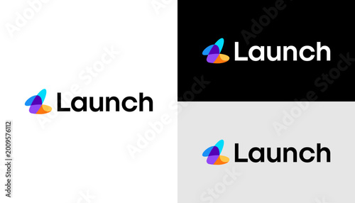 Konstfotografi A colorful logo with a triangular shape and the word Launch appears on different backgrounds