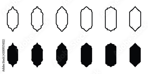 Set of black color arab islamic frames, oriental arabesque windows or doors arch for arabic decoration. Shape islam vintage with frame ramadan ornament for vector label design. Eps10
