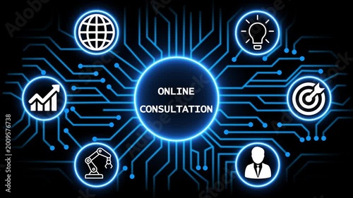 online consul tation concept with circuit lines and digital symbols hovering above a businessman, technology. manufacturing process management all connected in a digital circle like pattern.