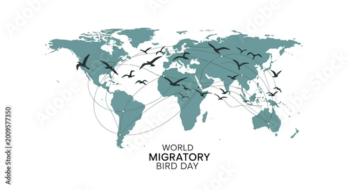 A vector illustration for World Migratory Bird Day displays flying bird silhouettes over a muted green map of the world with migration routes on a white background to promote wildlife