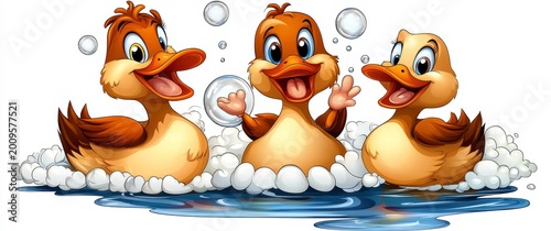 Cute Cartoon Ducklings Bubble Bath Illustration for Kids