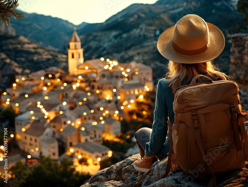 Golden Hour Wanderlust: Backpacker Overlooking Picturesque Mountain Town at Sunset