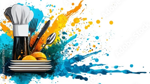 Abstract Culinary Splash Illustration with Chef Hat, Utensils, and Food
