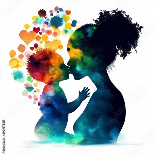 Abstract Watercolor Mother and Child Silhouette with Hearts