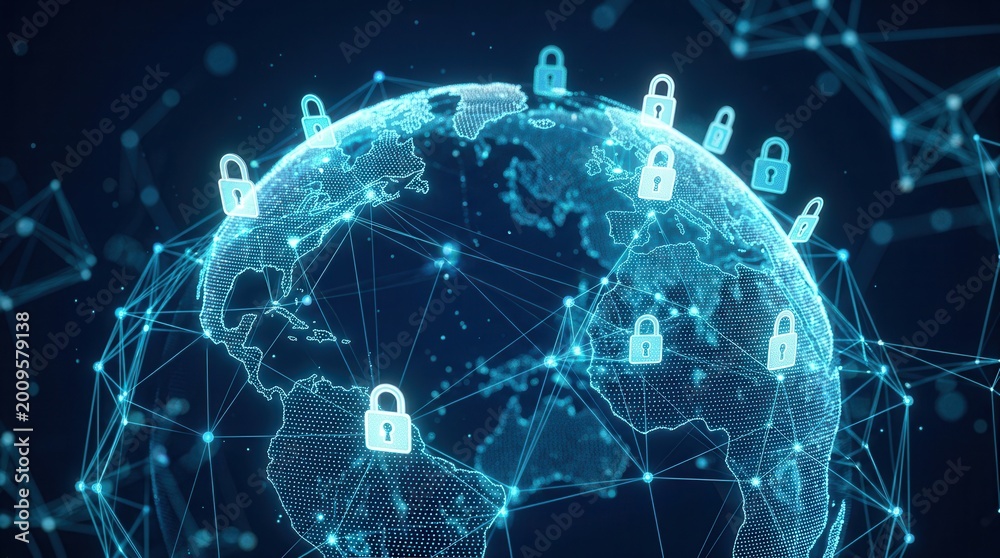Obraz premium Global network security concept with Earth and glowing internet connections.