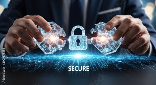 Businessman assembling digital puzzle pieces around glowing holographic lock, for data protection, cybersecurity solutions, successful integration network security systems