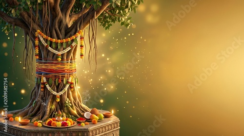 Vat Savitri Vrat Indian Hindu Festival Background with Sacred Threads Wrapped Around Banyan Tree on Elegant Green to Gold Gradient Texture