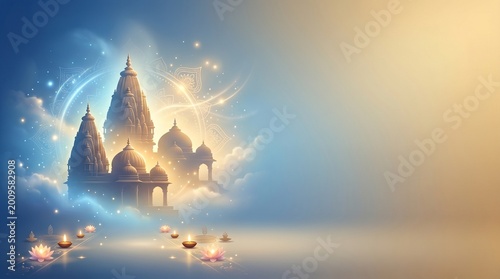 Nirjala Ekadashi Religious Background with Soft Blue to Gold Gradient, Glowing Aura and Temple Silhouettes for Hindu Festival Celebration