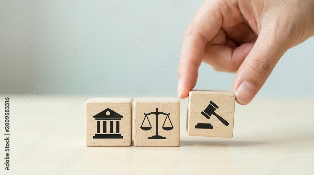 Naklejka premium Wooden cube blocks with law, legal, and justice icons on a grey background.