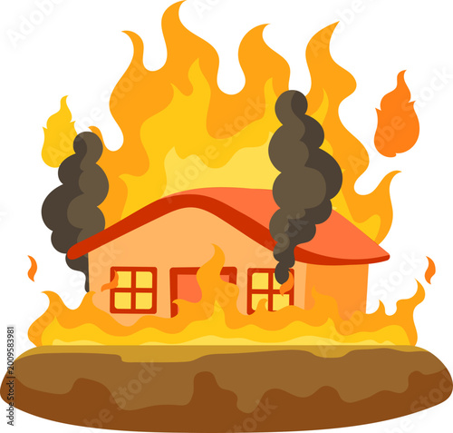A residential house heavily burning and completely engulfed in bright orange flames and smoke.