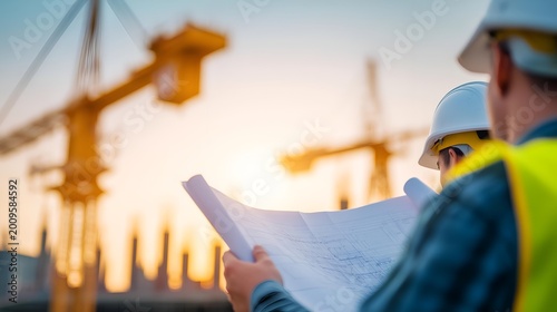 A construction worker studies blueprints on a building site at sunset, showcasing teamwork and planning in the industry for major projects.