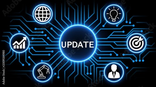 update concept with circuit lines and digital symbols hovering above a businessman, technology. manufacturing process management all connected in a digital circle like pattern.