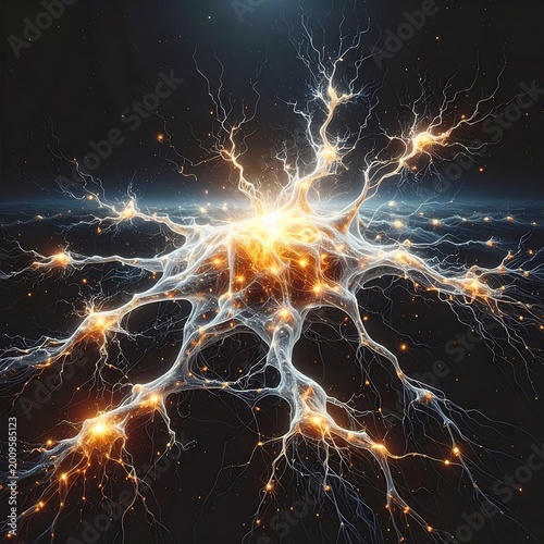 A glowing neural network with bright orange and white branches