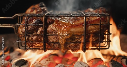Juicy meat sizzling on a grill over hot coals, with smoke rising in a vibrant outdoor setting