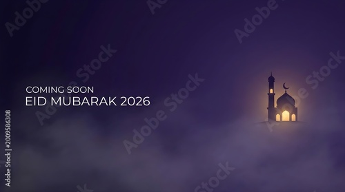 Eid mubarak 2026 greeting banner with minimalist mosque silhouette at night against purple foggy sky background for islamic holiday event.