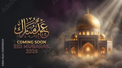 Golden arabic calligraphy and eid mubarak 2026 text with magnificent mosque at sunset surrounded by clouds for religious holiday invitation.
