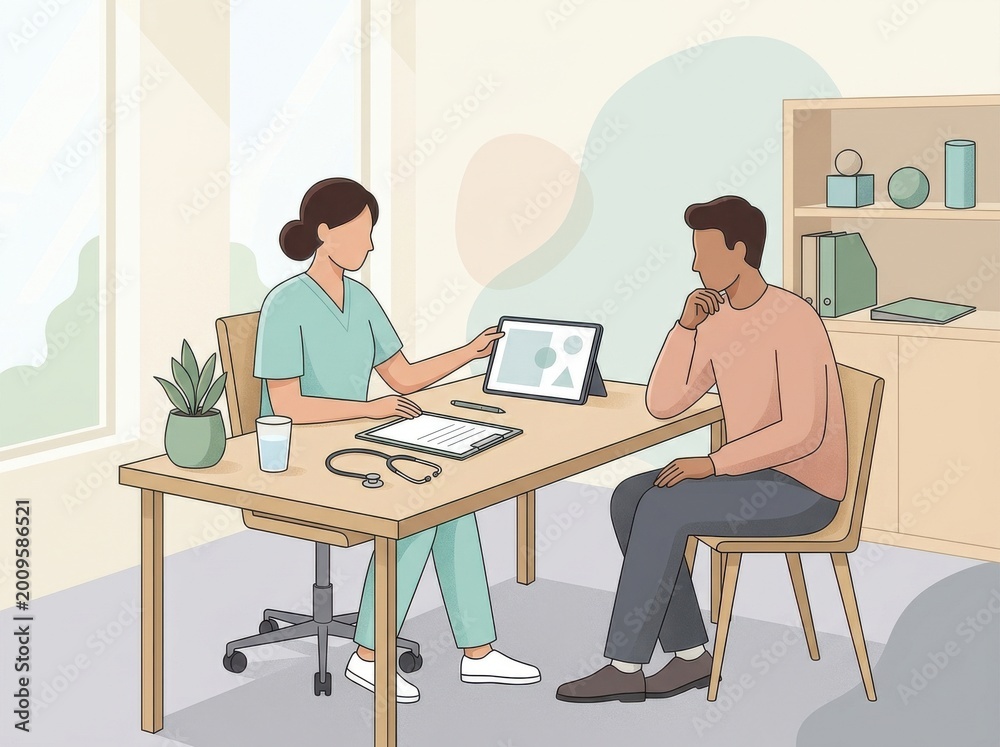 Fototapeta premium Female doctor showing tablet to male patient in medical office consultation