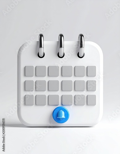 3D stylized calendar icon with rounded corners and a blue bell notification