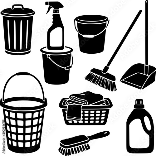 Cleaning Essentials Illustration: A minimalist illustration showcases an array of cleaning tools, each an essential element in maintaining a pristine and organized space.