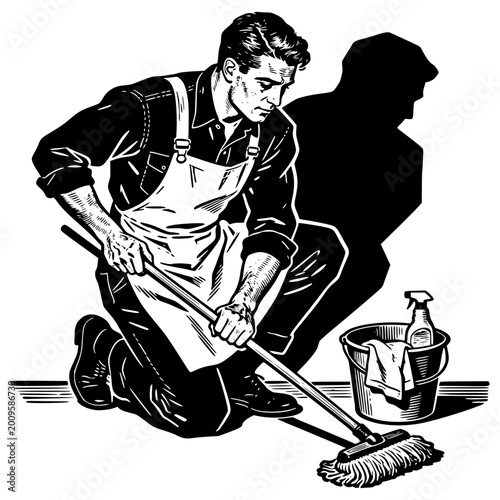 Precision and Perseverance: A dedicated janitor meticulously mops the floor. The image showcases the commitment and attention to detail required to maintain cleanliness.