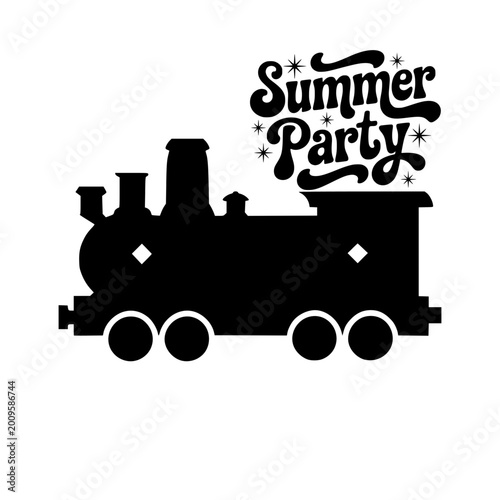 Summer Party Train Silhouette: A stylized black silhouette of a steam locomotive, adorned with festive Summer Party lettering and sparkling accents, evokes the spirit of a fun-filled celebration.