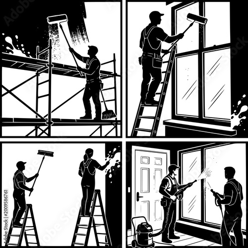 Window Cleaning: A comprehensive illustration of window cleaning techniques, showing professionals at work using various tools and methods for spotless results.