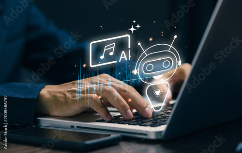 Businesswoman typing on laptop with AI chatbot interface, artificial intelligence, automation, virtual assistant, machine learning, customer service and smart technology concept