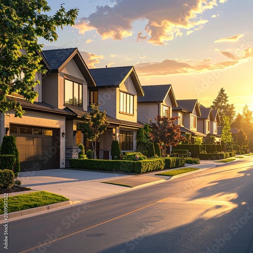 Suburban street with modern homes and golden sunset light