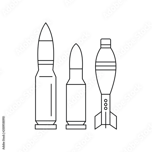 Military ammunition set line art icon. Bullet, shell, and mortar rocket vector. Weaponry collection.Editable stroke, Vector illustration, Line art Icon, Symbols.