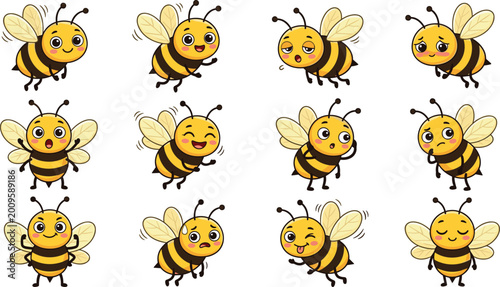 Cute Bee Cartoon Character Emotion Set with Different Facial Expressions and Flying Poses Adorable Insect Mascot Collection Isolated on White Background