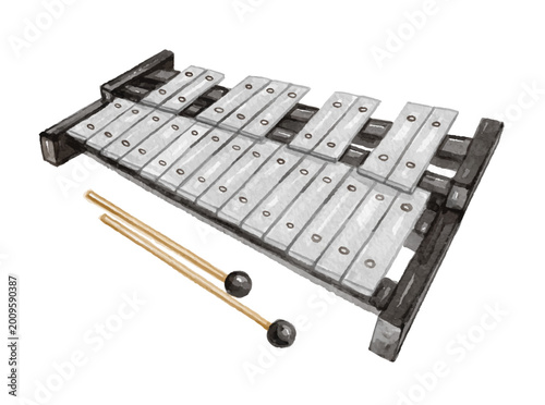 Foto Hand painted watercolor metallic xylophone isolated