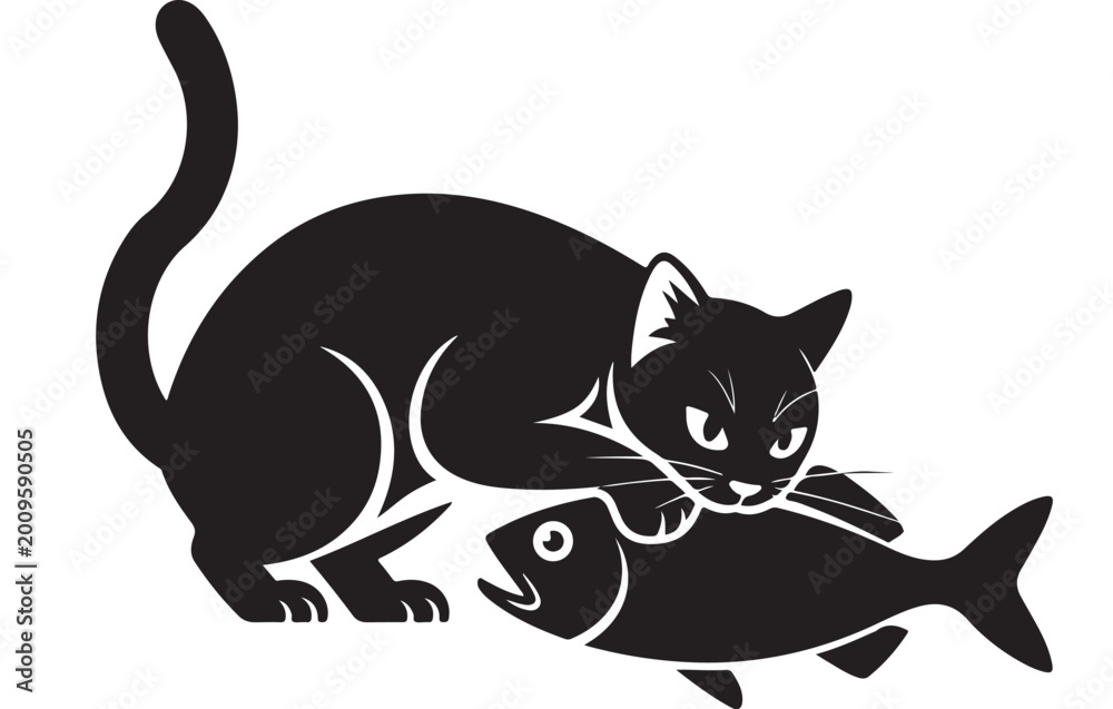 Fototapeta premium Cat Catching Fish Silhouette - Feline Predator Hunting Seafood Vector Illustration