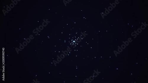 Abstract motion of glowing blue particles and stars moving towards camera on dark background in deep space.