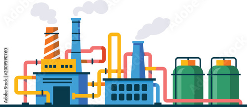 Foto Industrial factory plant illustration, power station with pipelines and tanks, e