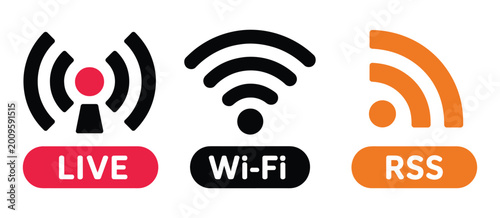 Fotografie Live, Wi-Fi, and RSS icon vector set for connectivity, broadcasting, and internet signal interface design elements