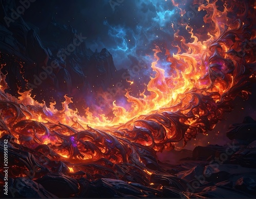 A vibrant wave of fire against a dark background