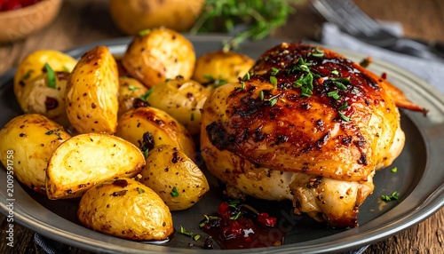 A roasted chicken and potatoes on a metal plate