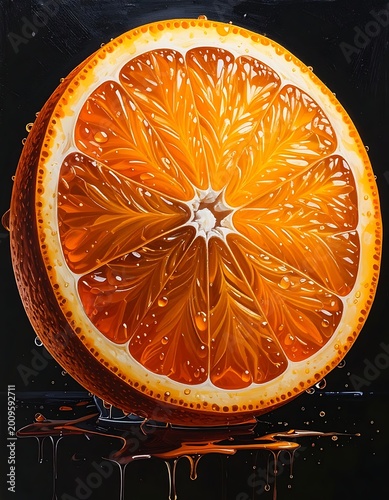 A vibrant orange slice with juice droplets on a dark background