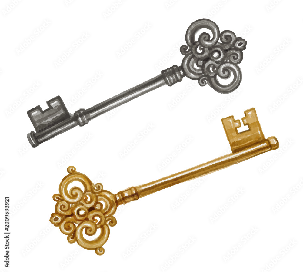 Obraz premium Hand painted watercolor antique key isolated