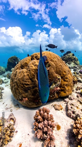 A blue fish swims near a coral reef formation